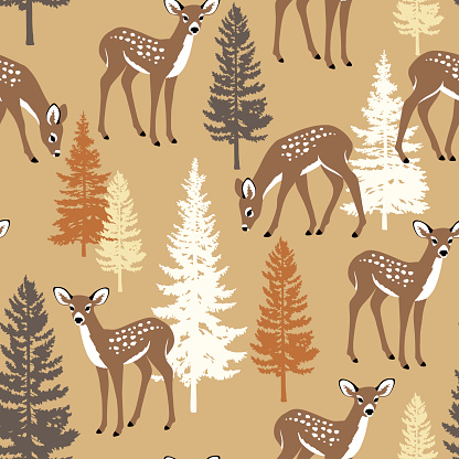 Seamless vector pattern with cute fawns and trees on dark blue background.