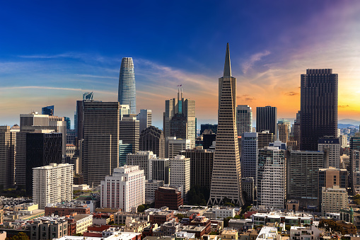 Panoramic aerial view of San Francisco at sunset, California, USA