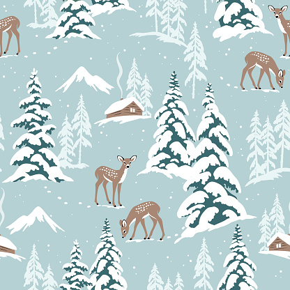 Snowy landscape seamless vector pattern with deer and snowy pine trees. Perfect for textile, wallpaper or print design.