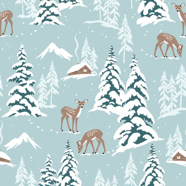 Snowy woodland Snowy landscape seamless vector pattern with deer and snowy pine trees. Perfect for textile, wallpaper or print design. fawn young deer stock illustrations
