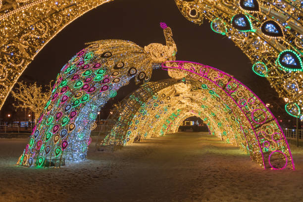 istock New Year and Chrismas nighttime illumination arch designed with peacock figures and pattern in Moscow, Russia 1361099206