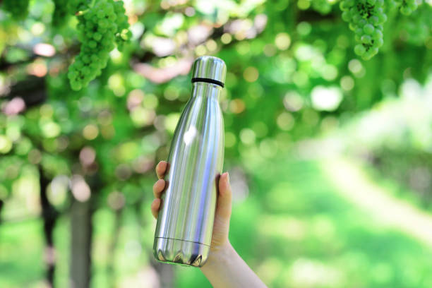 istock Stainless thermos water bottle. Silver color. Copy space. Zero waste, no plastic. Reusable water bottle. Stainless steel reusable water bottle on vineyard background. 1361101642