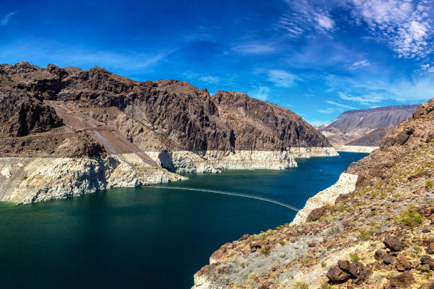 Colorado river. Low water level strip on cliff at lake Mead. View from Hoover Dam at Nevada and Arizona border, USA