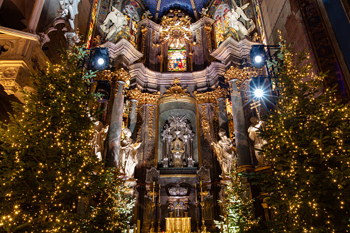 Lviv, Ukraine - December 25, 2021: Christmas decoration in The Archcathedral Basilica of the Assumption of the Blessed Virgin Mary in Lviv, Ukraine