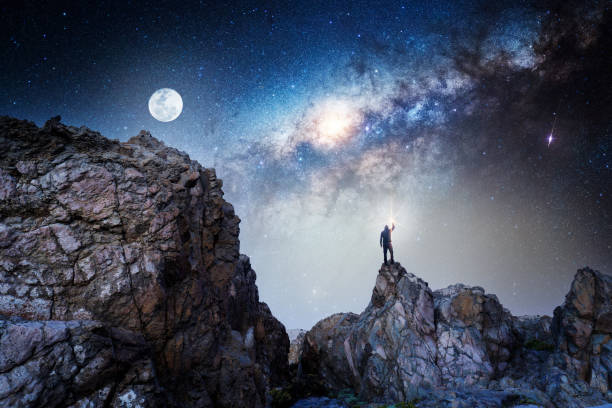 istock man standing on the rock outdoors, back view, with raised hand staring the Milky Way and Moon 1361106571