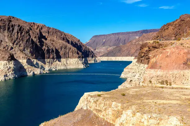 Low water level strip on cliff at lake Mead. View from Hoover Dam at Nevada and Arizona border, USA