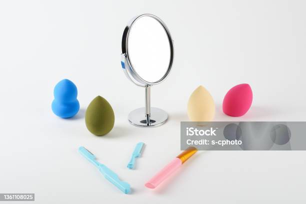 Make Up Equipments On The White Background Stock Photo - Download Image Now - Razor, Eyebrow, Blusher - Make-Up