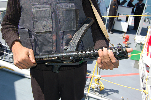 Kanagawa, Japan - April 14, 2007:Indian Navy Sterling Armament Sterling submachine gun.