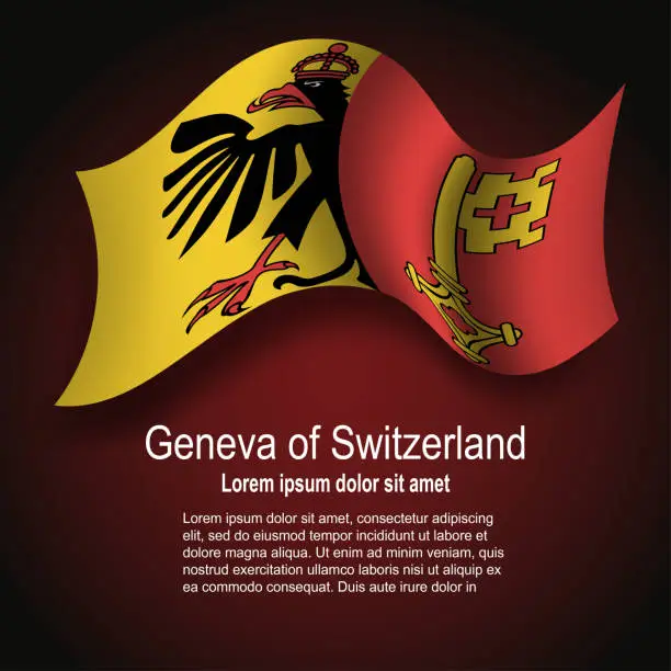 Vector illustration of Flag of Geneva of Switzerland flying on dark background with text