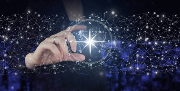 istock Abstract world network connection, The compass navigate for business. Hand hold digital hologram sign on city dark blurred background. International business concept. 1361112828