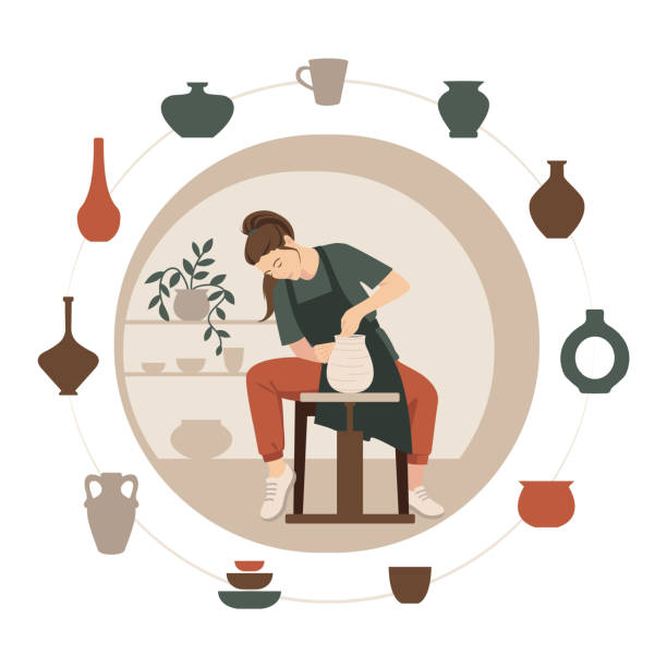 Potter girl. A woman sculpts a clay vase behind a potter's wheel. Potter girl. A woman sculpts a clay vase behind a potter's wheel. Vector illustration of a sculptor. The artist creates a ceramic. DIY craft. homemade pottery wheel stock illustrations