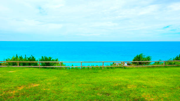 Viewpoint with beautiful seascape view with clear blue sky in Bali, Indonesia.