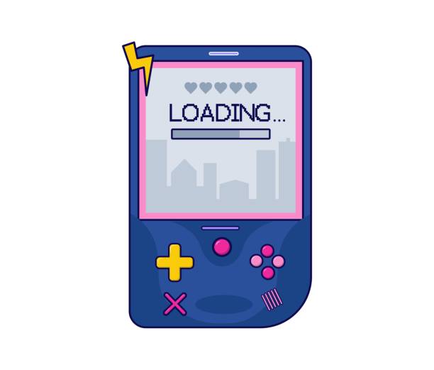 Handheld game console with pixel progress bar and city landscape vector illustration Blue handheld game console with pixel progress bar and city landscape. Flat style gameboy vector illustration for icon, logo, print, poster, greeting card, sticker, t-shirt etc. Gamer cartoon design handheld video game stock illustrations