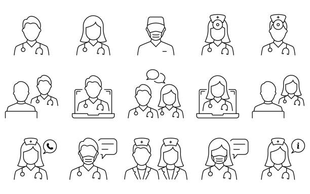 illustrations, cliparts, dessins animés et icônes de jeu d’icônes doctors line. spécialistes médicaux et pictogramme linéaire de consultation du patient. icône de contour du support médical en ligne. medicine info bulle de parole. contour modifiable. illustration vectorielle isolée - médecin
