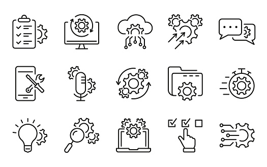 Technology Configuration Line Icon. Gear, Computer, Tool, Speech Bubble Digital Setting Concept Pictogram. Innovation Business Process Outline Icon. Editable Stroke. Isolated Vector Illustration.