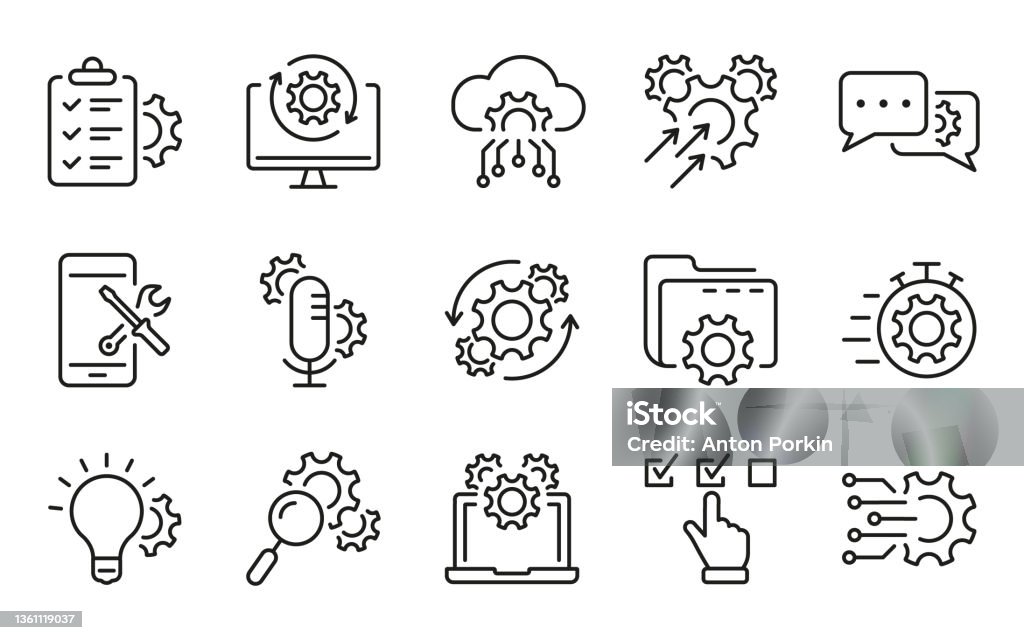 Technology Configuration Line Icon. Gear, Computer, Tool, Speech Bubble Digital Setting Concept Pictogram. Innovation Business Process Outline Icon. Editable Stroke. Isolated Vector Illustration Technology Configuration Line Icon. Gear, Computer, Tool, Speech Bubble Digital Setting Concept Pictogram. Innovation Business Process Outline Icon. Editable Stroke. Isolated Vector Illustration. Icon stock vector