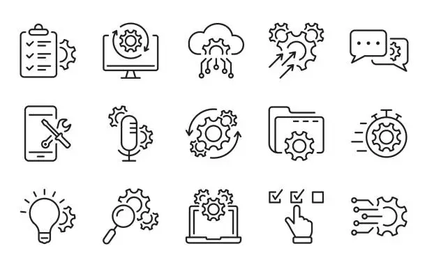 Vector illustration of Technology Configuration Line Icon. Gear, Computer, Tool, Speech Bubble Digital Setting Concept Pictogram. Innovation Business Process Outline Icon. Editable Stroke. Isolated Vector Illustration