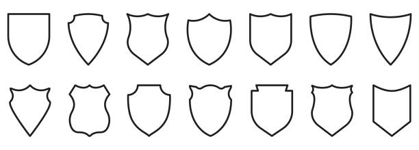 방패 블랙 라인 아이콘 세트. 안전의 개요 표시, 국방 pictogram. 가드 디펜스 엠블럼 개요 아이콘. 경찰 배지 모양과 축구 패치. 편집 가능한 스트로크. 격리된 벡터 일러스트레이션 - military uniform illustrations stock illustrations