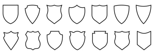 shield black line icon set. outline sign of safety, defence pictogram. guard defense emblem outline icons. police badge shape and football patches. editable stroke. isolated vector illustration - sembol stock illustrations
