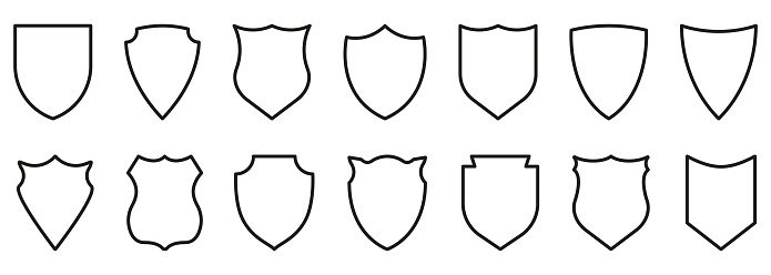 Shield Black Line Icon Set. Outline Sign of Safety, Defence Pictogram. Guard Defense Emblem Outline Icons. Police Badge Shape and Football Patches. Editable Stroke. Isolated Vector Illustration.