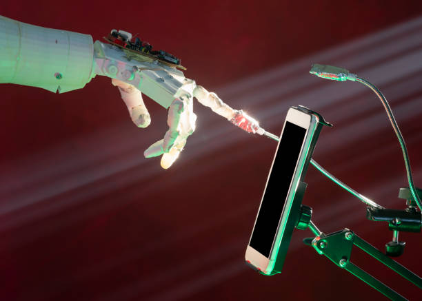 istock Photo Of Humanoid Robot Hand Using Digital Tablet 1361127301