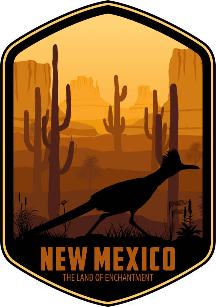 ilustraciones, imágenes clip art, dibujos animados e iconos de stock de etiqueta vectorial de nuevo méxico con greater roadrunner en desierto con saguaro - nuevo méxico