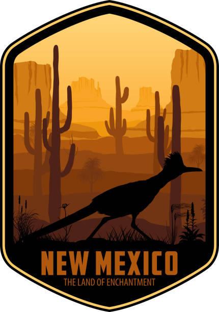 etykieta wektorowa nowego meksyku z greater roadrunner na pustyni z saguaro - new mexico stock illustrations
