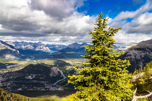 Panoramic aerial view of Banff city in Bow Valley in Banff national park, Canadian Rockies