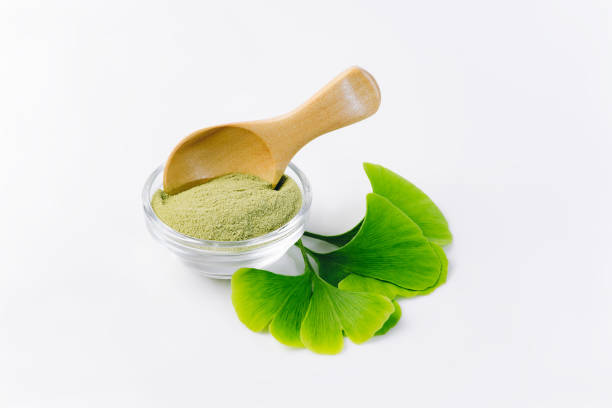 baner.blätter von ginkgo biloba baum, blattpulver auf weißem hintergrund. heilkräuter und mörtel. alternativmedizin konzept. - ginkgo ginkgo tree chinese medicine healthcare and medicine stock-fotos und bilder