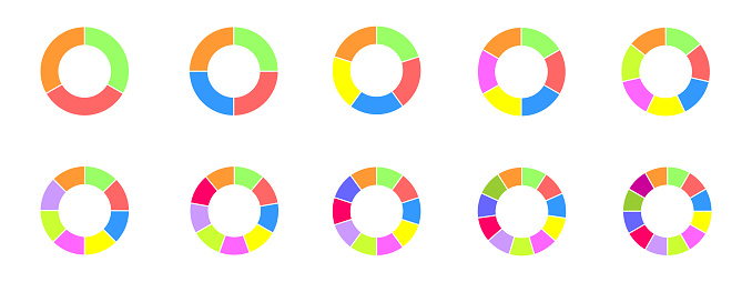 Donut charts set. Colorful circle diagrams divided in sections form 3 to 12. Infographic wheels icons. Round shapes cut in equal parts isolated on transparent background. Vector flat illustration.