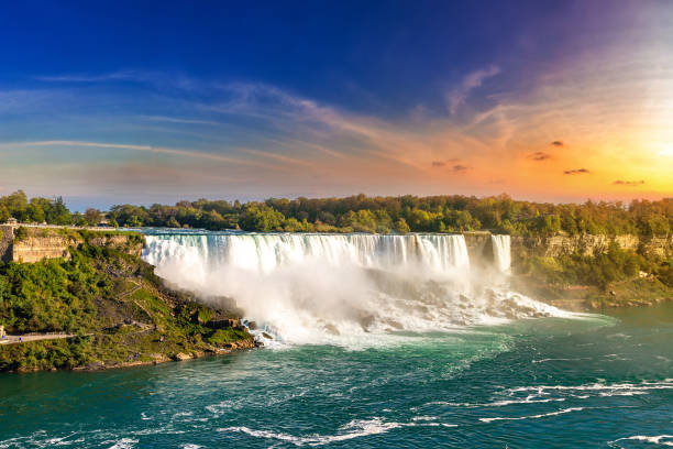 Canadian side view of Niagara Falls, American Falls at sunset  in Niagara Falls, Ontario, Canada