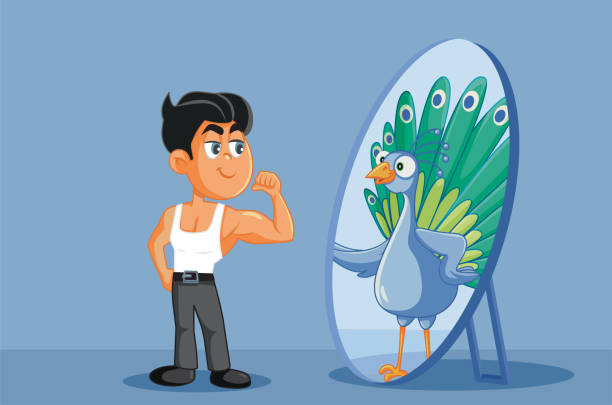 ilustraciones, imágenes clip art, dibujos animados e iconos de stock de hombre narcisista viendo orgulloso pavo real en el espejo - elitist