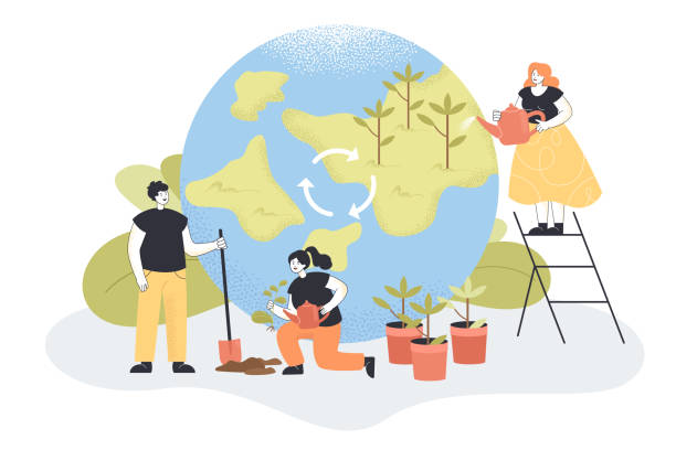 Teamwork of tiny volunteers on reforestation, ecology protection Teamwork of tiny volunteers on reforestation, ecology protection. People planting tree seedlings with shovel and watering can together flat vector illustration. Environment, agriculture concept ecologist stock illustrations