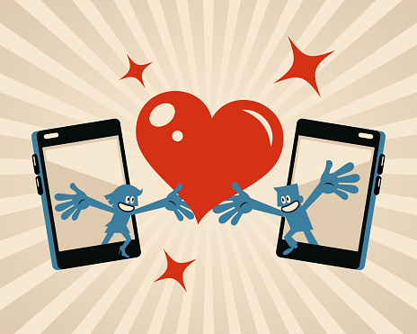 Blue Little Characters Vector Art Illustration.
A man and woman share love and connect with each other via the Internet (smartphone), they are affectionate and cooperative.