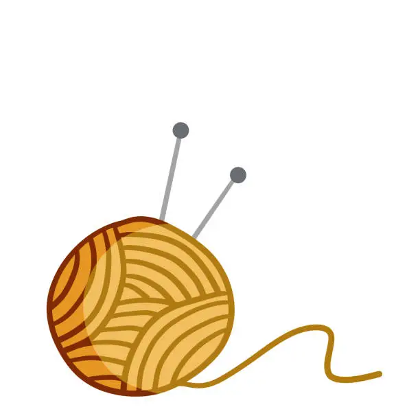 Vector illustration of Ball of wool and thread with knitting needles. Hobby handmade. Needlecraft and needlework. Cartoon illustration isolated on white