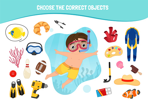 Educational game for children. Cartoon cute girl. Choose the correct objects. Cute boy swims with snorkel and diving mask.