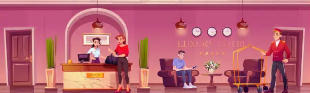 Vector illustration of Guests and staff in luxury hotel lobby