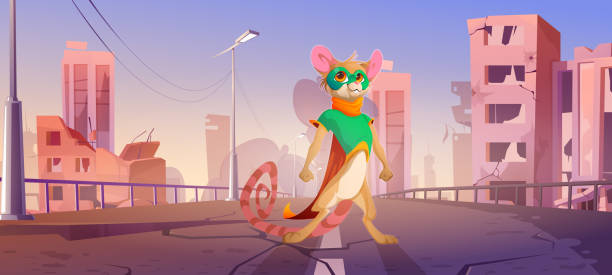 ilustrações de stock, clip art, desenhos animados e ícones de mouse superhero on street of destroyed city - wild abandon