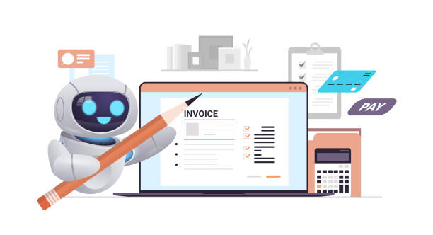 robot calculating invoice on laptop screen accounting robotic bookkeeper artificial intelligence vector art illustration
