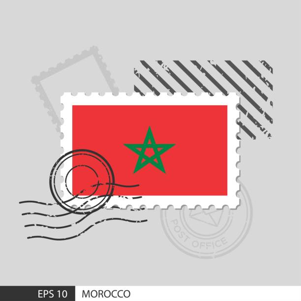 illustrazioni stock, clip art, cartoni animati e icone di tendenza di francobollo con bandiera del marocco. illustrazione vettoriale isolata su sfondo grigio post francobollo e specificare è vettoriale eps10. - moroccan flags