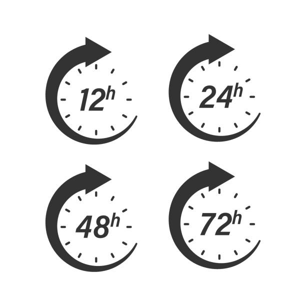 illustrations, cliparts, dessins animés et icônes de icône d’horloge de 12, 24, 48 et 72 heures dans un style plat. illustration vectorielle du compte à rebours du minuteur sur un arrière-plan isolé. concept d’entreprise d’enseigne de temps de service de livraison. - 24 hrs