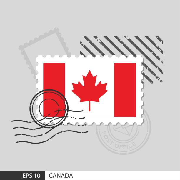 ilustraciones, imágenes clip art, dibujos animados e iconos de stock de sello postal de la bandera de canadá. ilustración vectorial aislada sobre fondo gris de sello postal y especifique es vector eps10. - flag canadian flag patriotism national flag