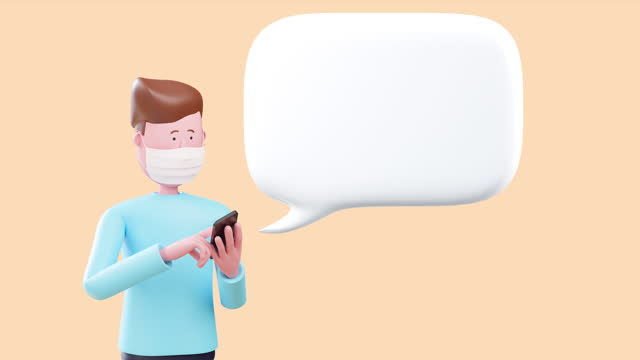 3d Cartoon man wear mask Using Social media and smartphone 4k animation. Blank speech bubble.