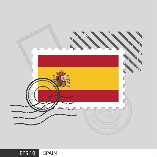 почтовая марка с флагом испании. изолированная векторная иллюстрация на сером фоне почтовой марки и указание вектора eps10. - испанский флаг stock illustrations