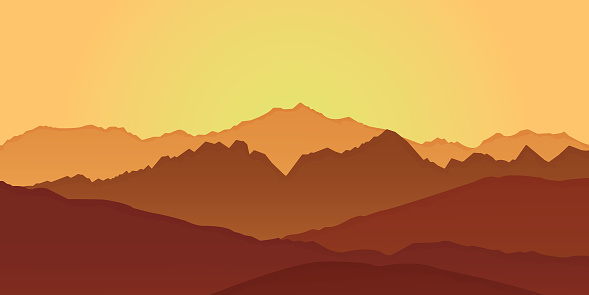 panoramic view of the mountain landscape with fog in the valley below with the alpenglow sky. Vector illustration