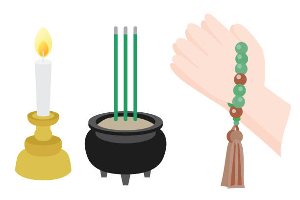 Illustration of the incense holder, candlestick and Joining hands of the Buddhism. This is an illustration of the Buddhism. first day of spring 2021 stock illustrations