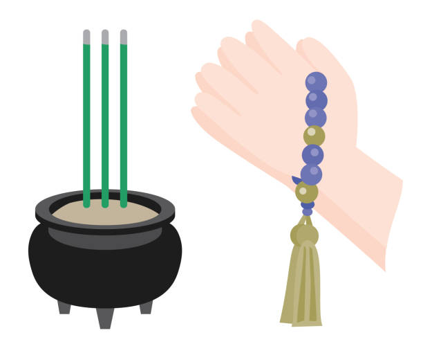 Illustration of the incense holder and Joining hands of the Buddhism. This is an illustration of the Buddhism. first day of spring 2021 stock illustrations