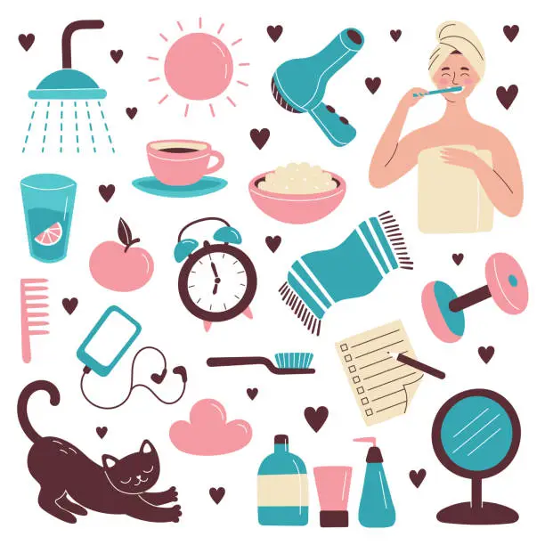 Vector illustration of Set of hand drawn morning routine elements. The woman is brushing her teeth. Breakfast, morning fitness, daily planning. Vector isolated illustration