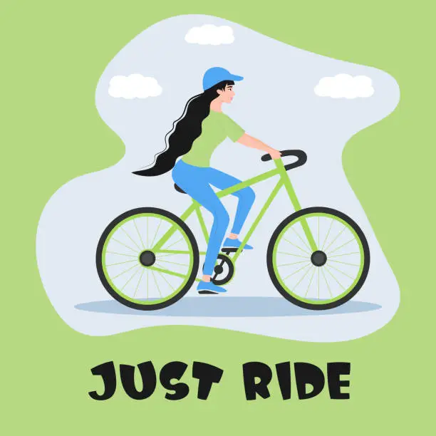 Vector illustration of Girl dressed in sport clothes is riding bicycle. Just ride slogan.