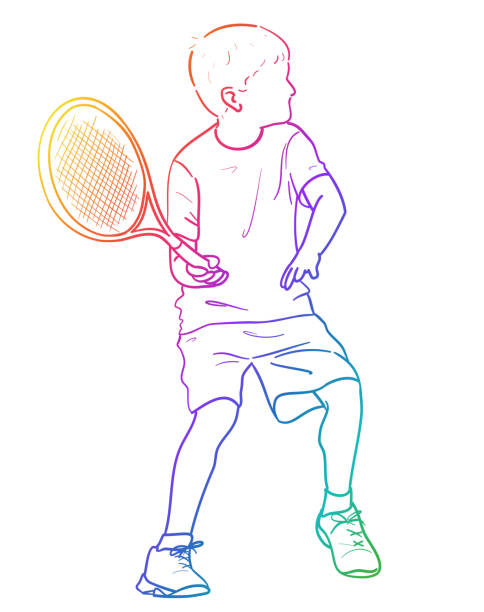 illustrazioni stock, clip art, cartoni animati e icone di tendenza di ragazzo tennis stroke arcobaleno - child tennis white background sport